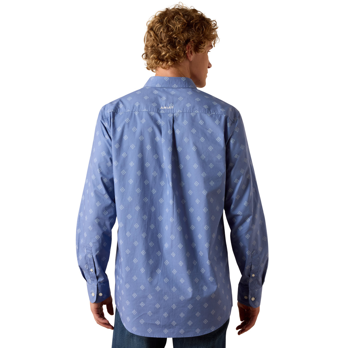 Ariat men's Byrd fitted shirt in colony blue with Southwest motif, featuring a casual button-up design and long sleeves.