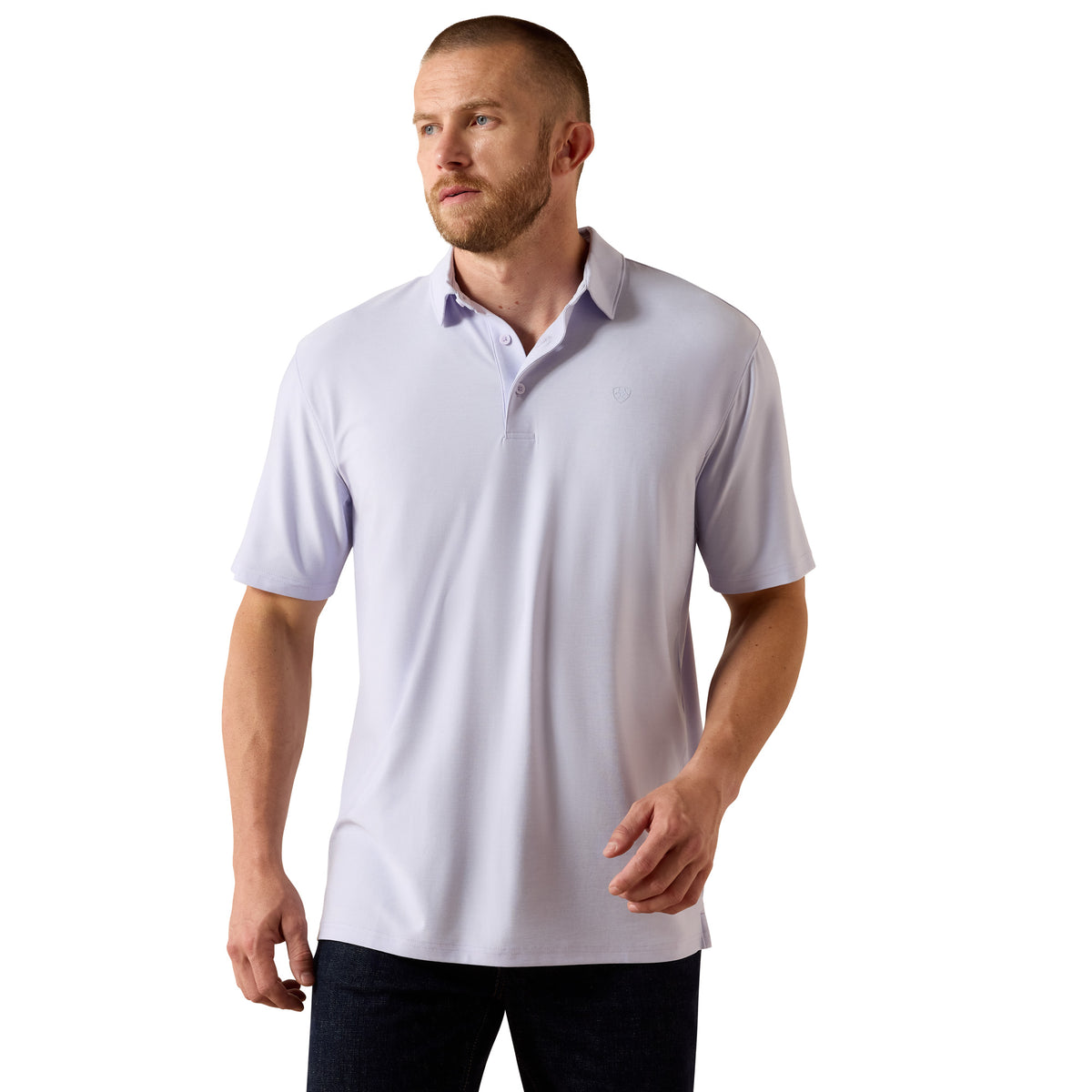 Ariat men's Charger 2.0 polo shirt in purple heather, made of comfortable fabric with a classic fit and short sleeves.