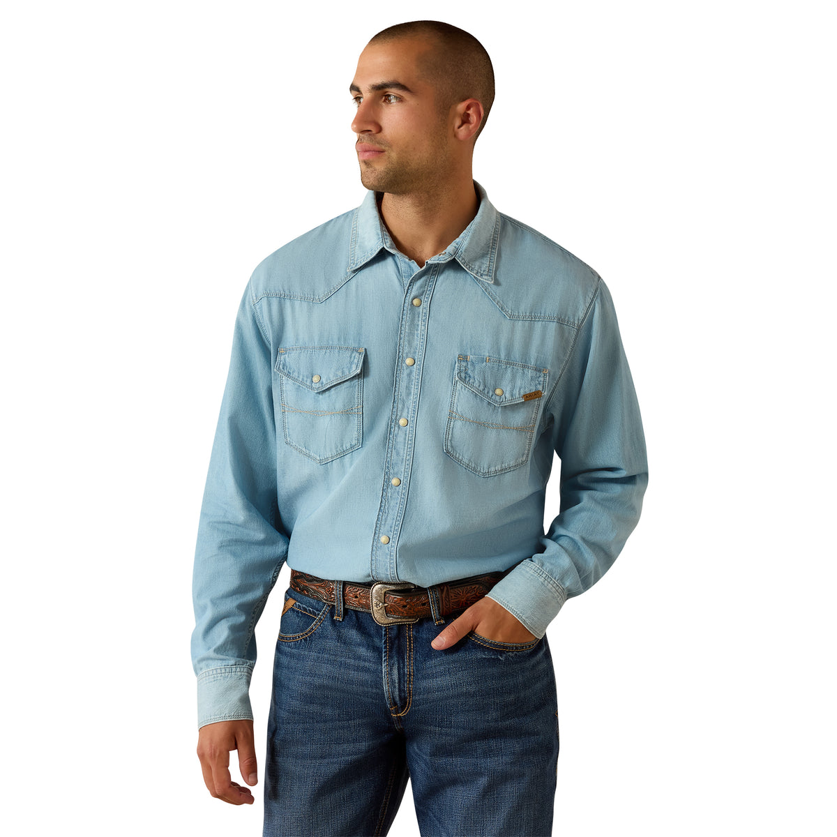 Ariat men's Classic Cowboy Shirt Brody with plaid pattern, button-down front, and long sleeves, made of durable fabric.