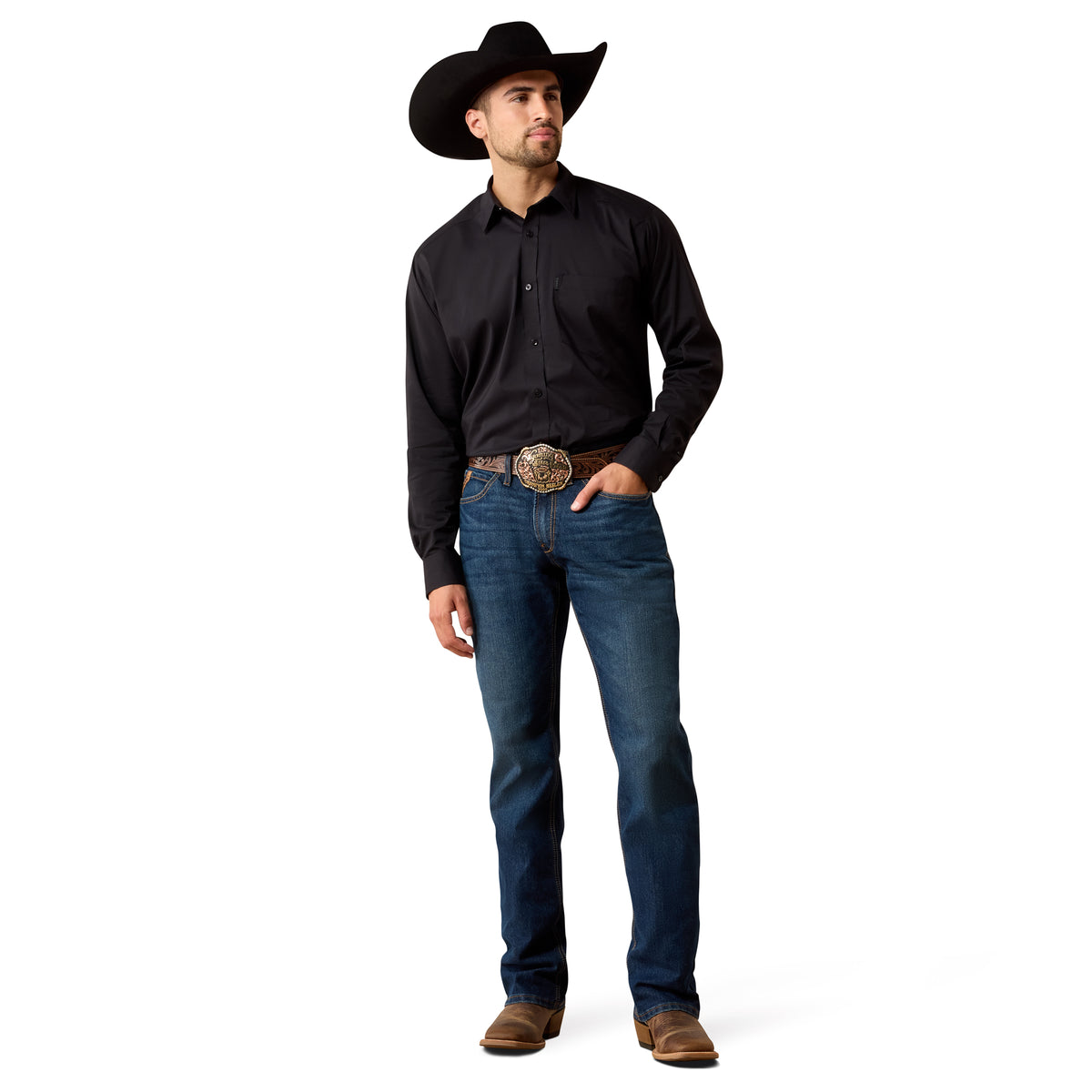 Black Ariat men's Everything Classic Fit shirt with a button-up front, displayed on a hanger.