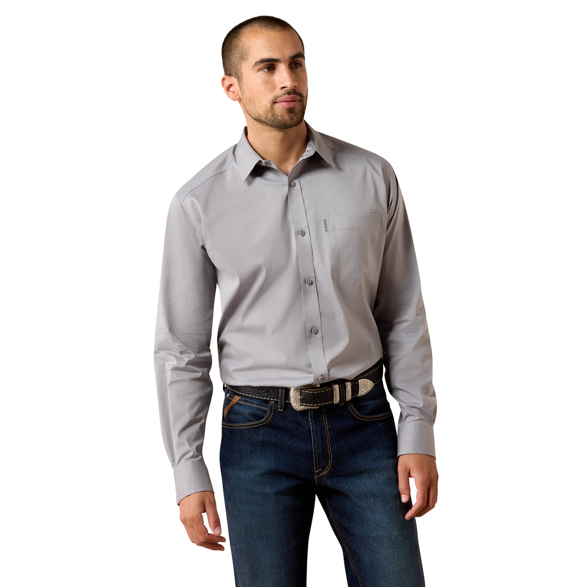 Black Ariat men's Everything Classic Fit shirt with button-down collar, long sleeves, and chest pocket, styled for casual wear.
