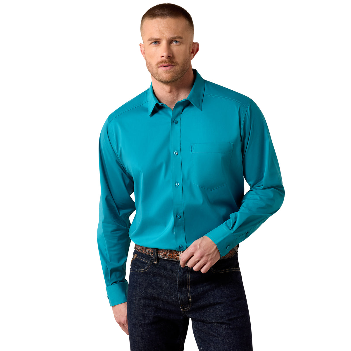 Black Ariat men's Everything Classic Fit Shirt with a casual style, shown on a model with a button-up front and long sleeves.