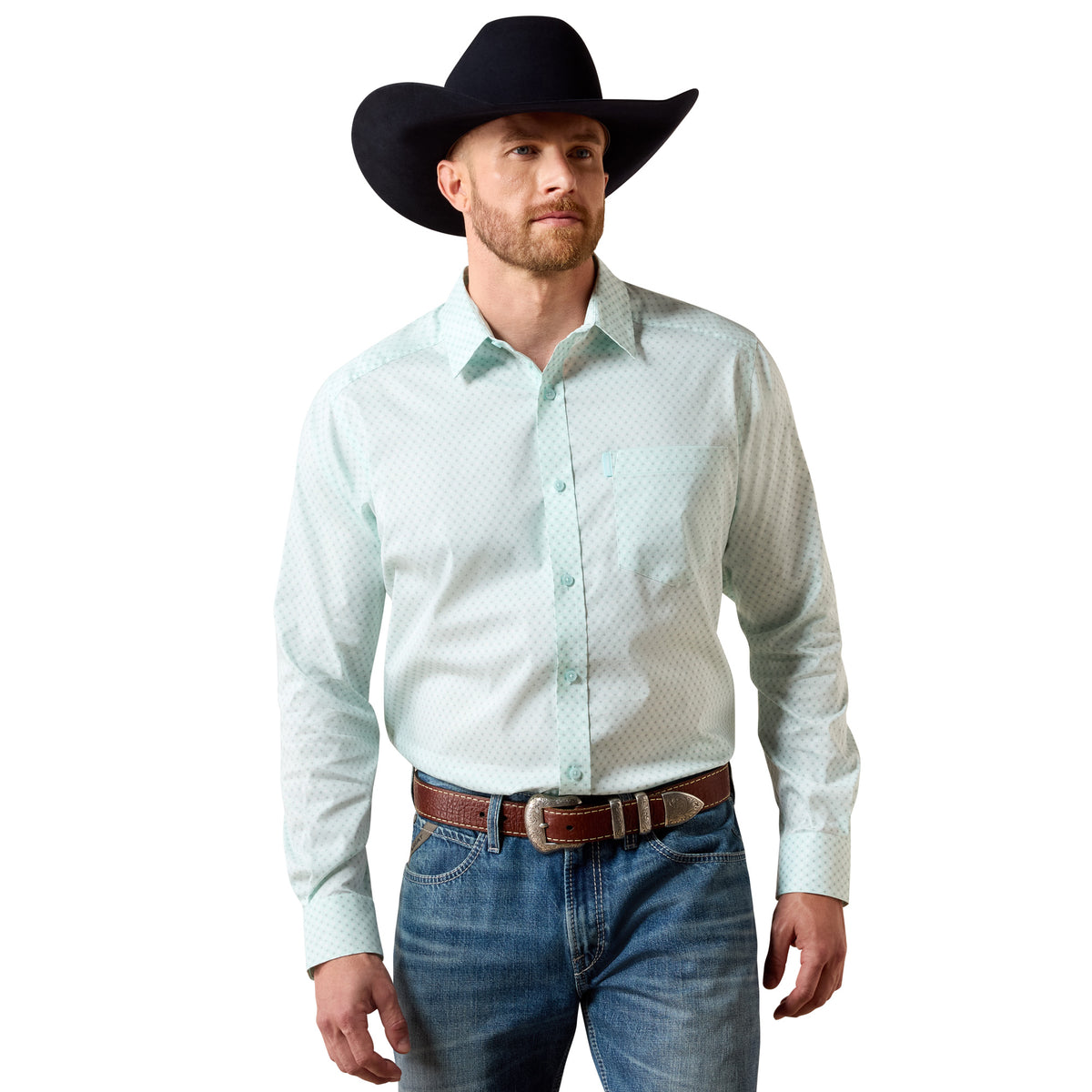 Ariat men's classic fit shirt in blue glow with southwest crosses pattern, showcasing a casual button-up style.