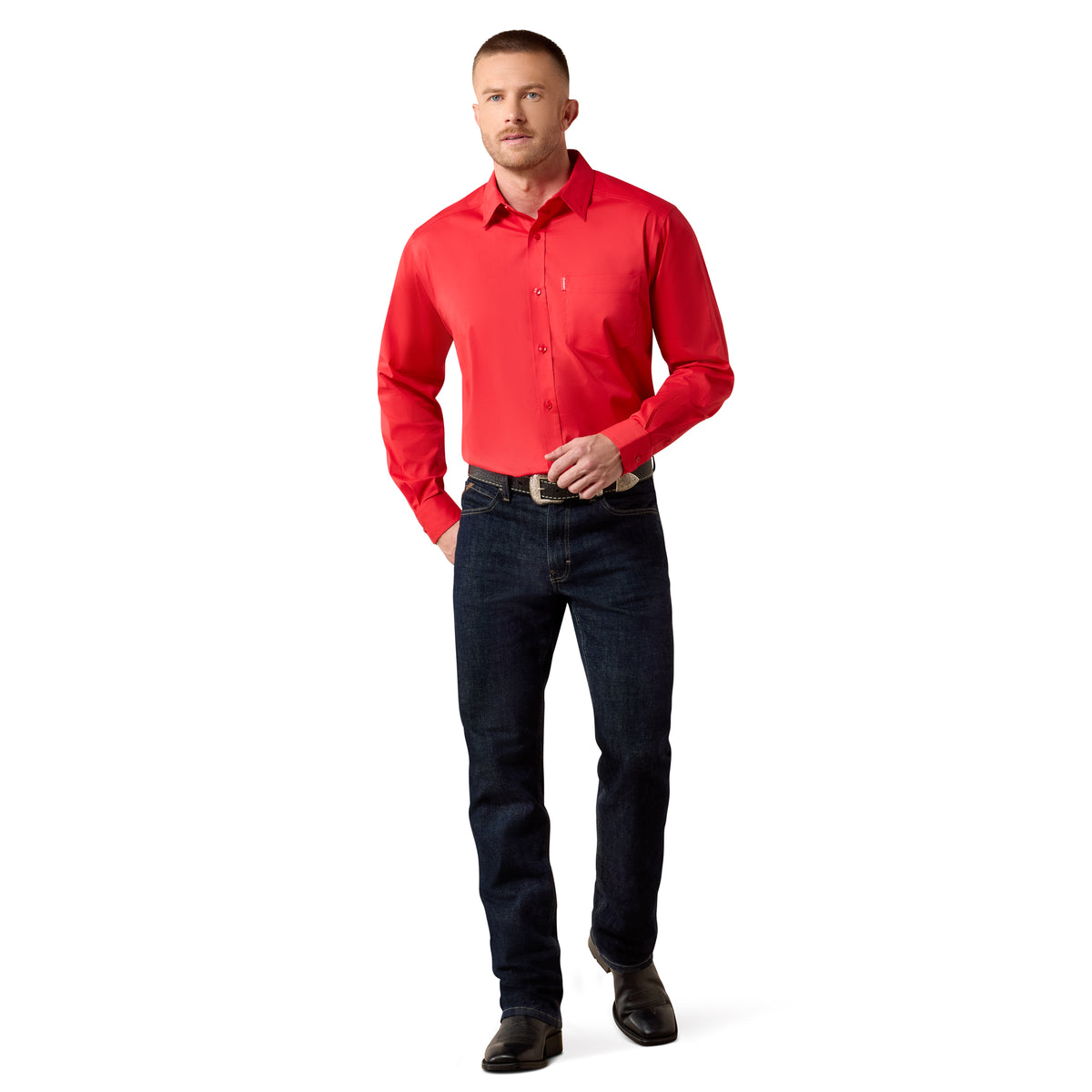 Ariat men's classic fit shirt in scarlet red, featuring a button-up design and collar, suitable for casual or workwear.