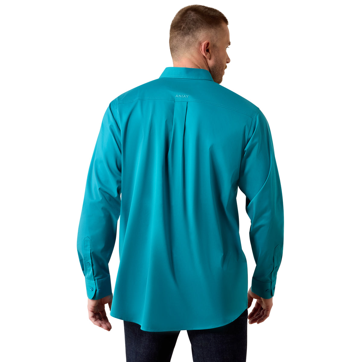 Ariat men's classic fit shirt in Tahitian Tide with button-down collar and long sleeves, casual Western style.