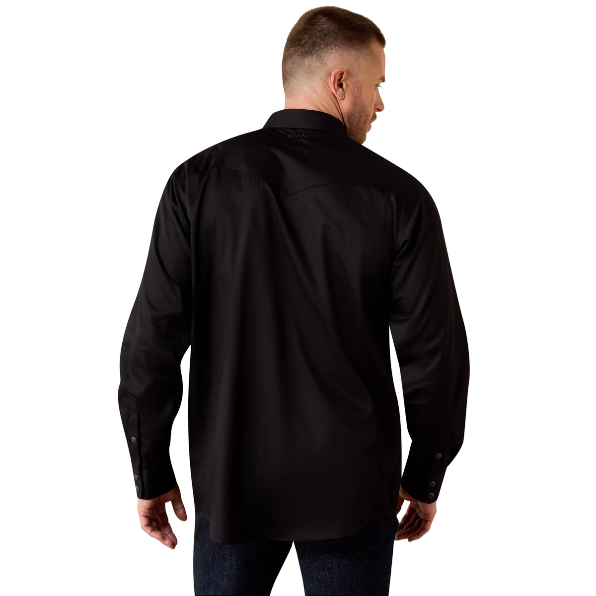 Ariat men's black lightweight twill snap shirt with classic fit, long sleeves, and button-down front.
