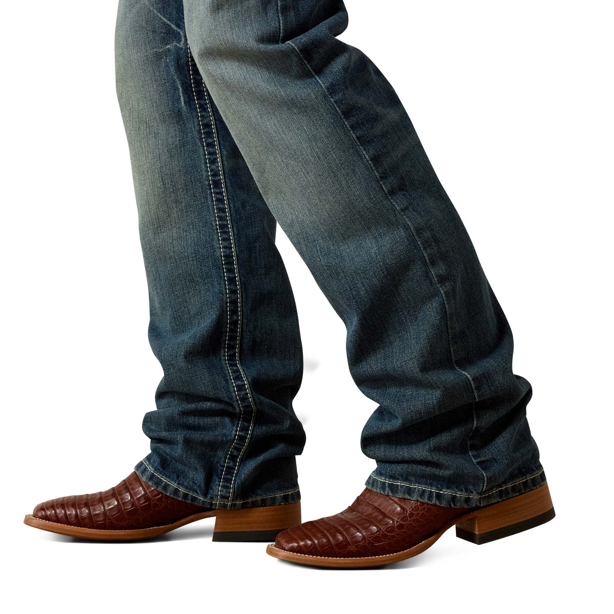 Ariat men's M4 Coltrane boot cut jeans in Durango denim, showing classic five-pocket style and straight leg fit.