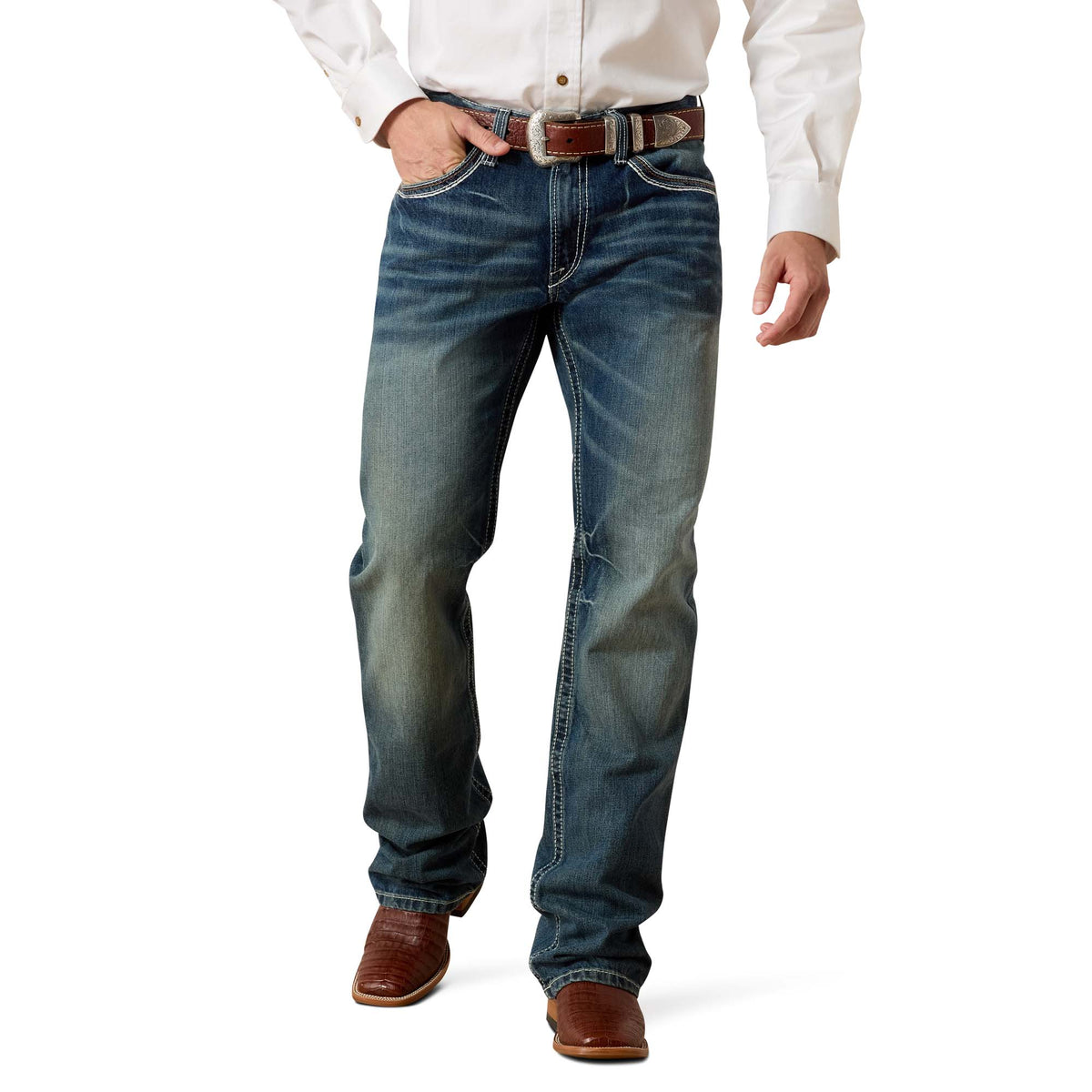 Ariat men's M4 Coltrane boot cut jeans in Durango color, showcasing classic denim with a relaxed fit and stylish design.