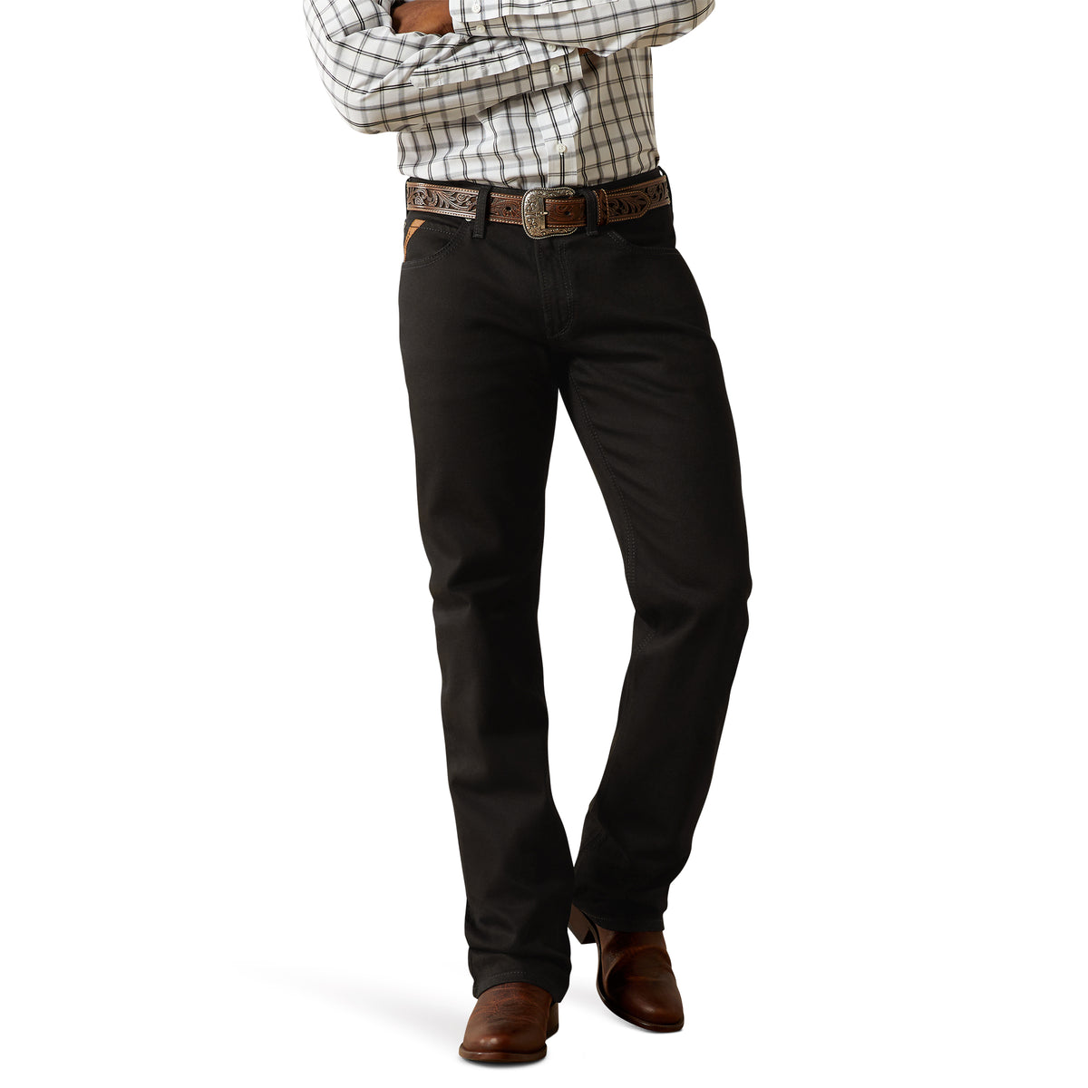 Ariat men's black M4 relaxed Hansen boot cut jeans displayed on a model, showcasing the fit and denim texture.