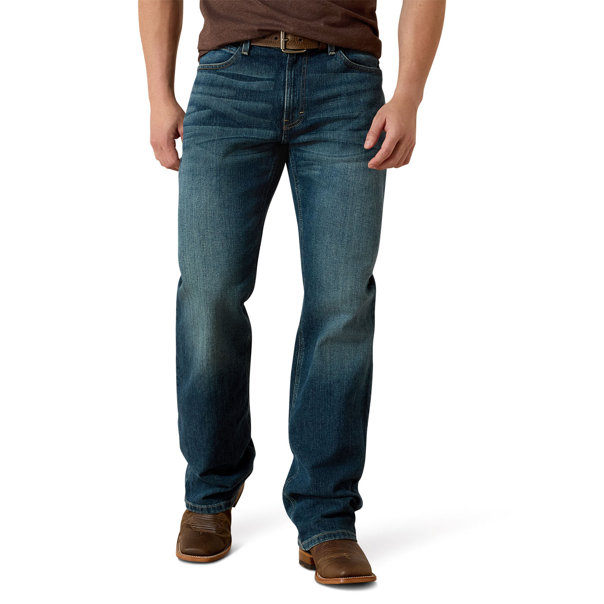 Ariat Men's M4 Stretch Legacy Boot Cut Jeans in Kilroy color, denim fabric with classic stitching and a relaxed fit.