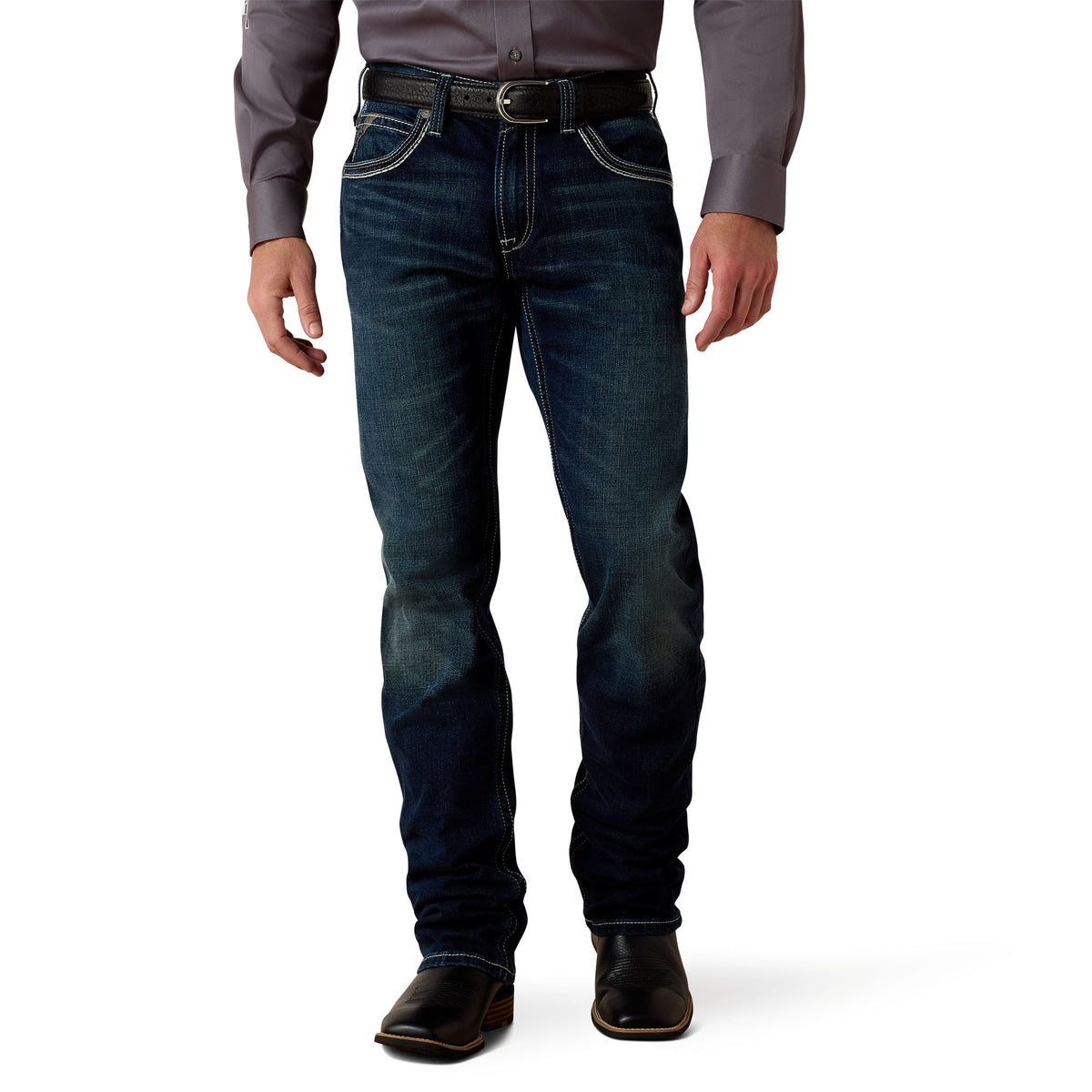 Ariat men's M5 Slim Stretch Coltrane straight leg jeans in Nightingale color, showing the fit and classic denim design.