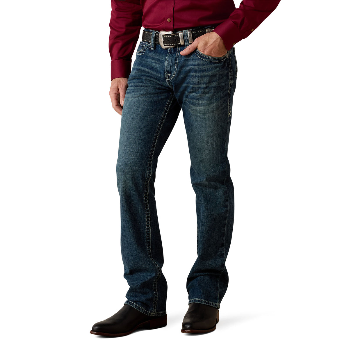 Ariat men's M7 Rocker stretch Coltrane stackable straight-leg jeans in Silverton with classic denim design and visible stitching.