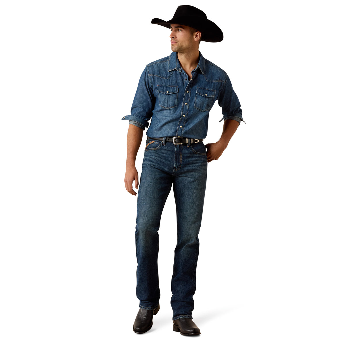 Ariat Men's M7 Slim Ray Classic Rise Pro Series straight leg jeans in Encinitas wash, denim fabric with classic stitching and five-pocket design.