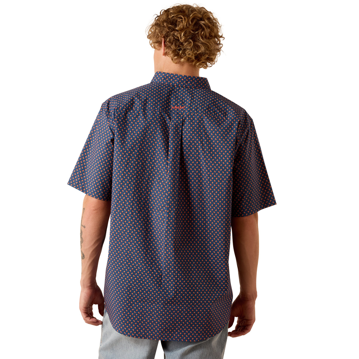 Ariat men's Nikola classic fit shirt in Key Largo blue with a geometric print, featuring a button-up design and long sleeves.
