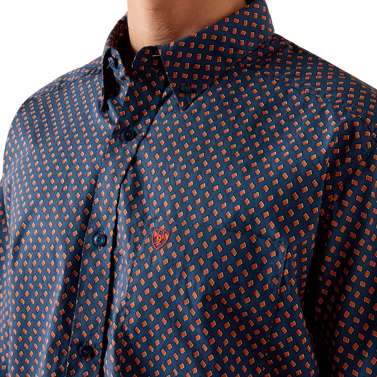Ariat men's Nikola classic fit shirt in Key Largo Blue with a geometric print, long-sleeve button-up design.