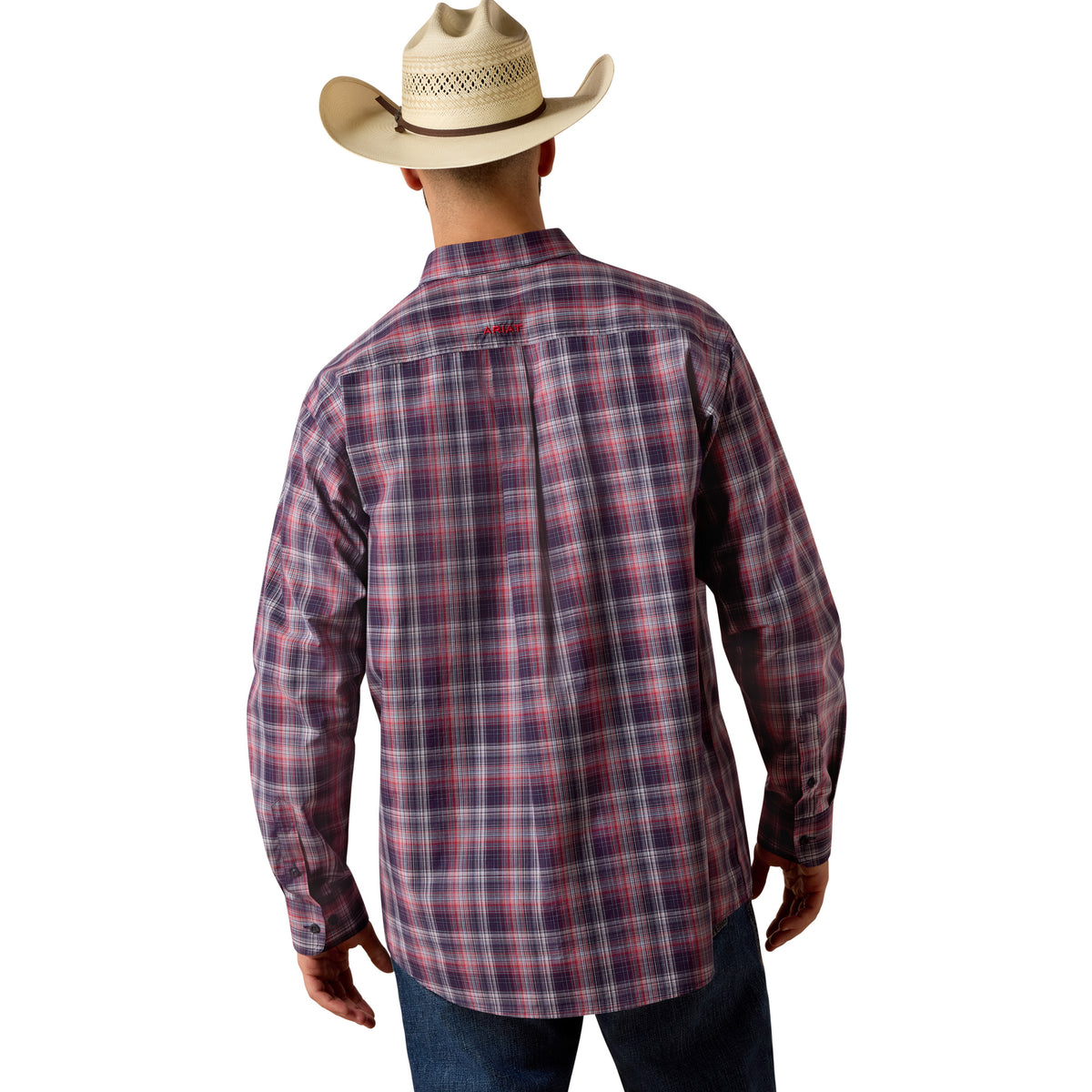 Ariat men's Pro Series Blaze classic fit shirt in evening blue plaid with button-up front and long sleeves.