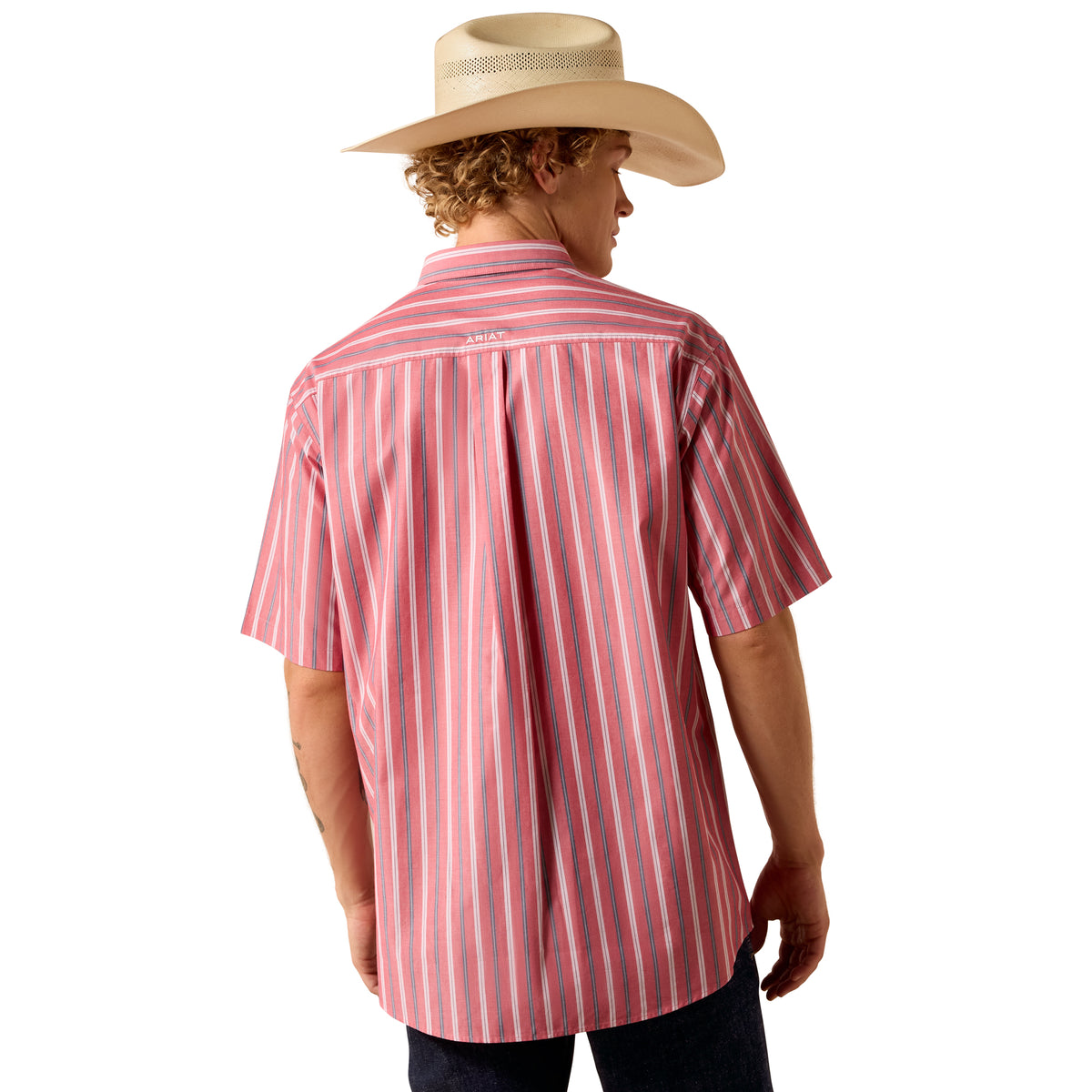 Ariat men's Pro Series Bobby classic fit shirt in hibiscus red stripe, featuring a stylish casual design and button-down collar.