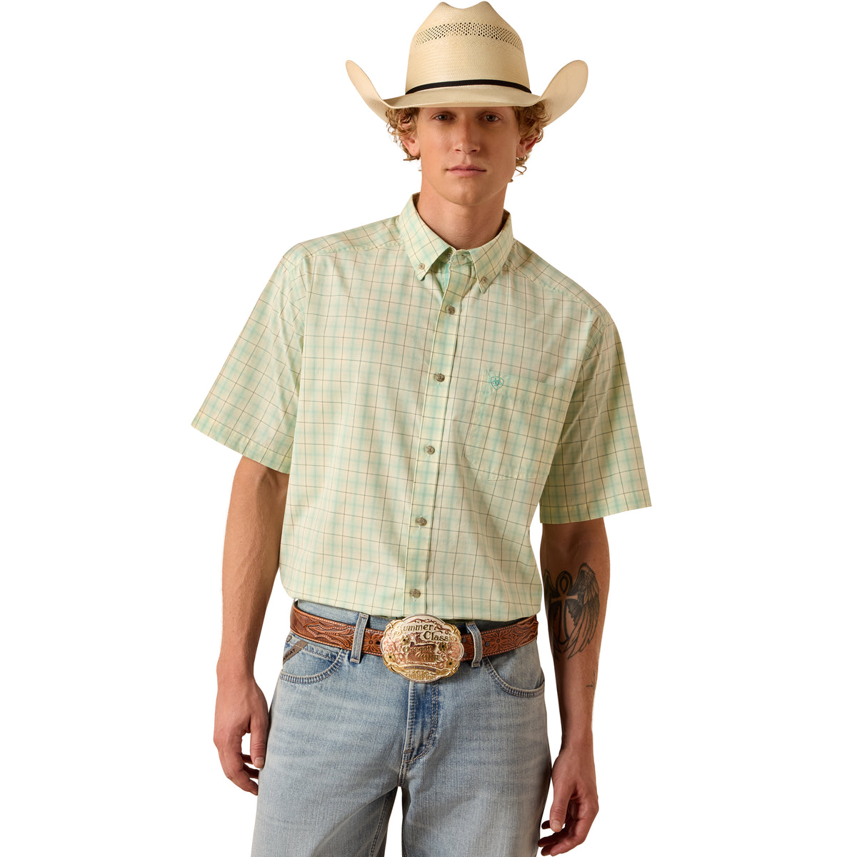 Ariat men's Pro Series Neko classic fit shirt in ocean wave plaid, featuring a button-down design and long sleeves.