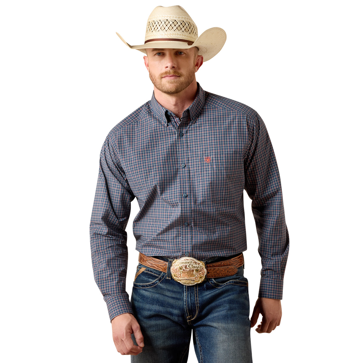 Ariat men's Pro Series Nick Classic Fit shirt in Key Largo Blue plaid, made of comfortable fabric with a casual button-up design.
