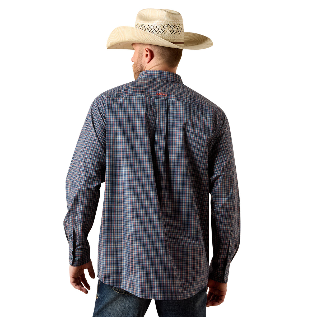 Ariat men's Pro Series Nick Classic Fit shirt in Key Largo Blue Plaid, featuring long sleeves and button-down design.