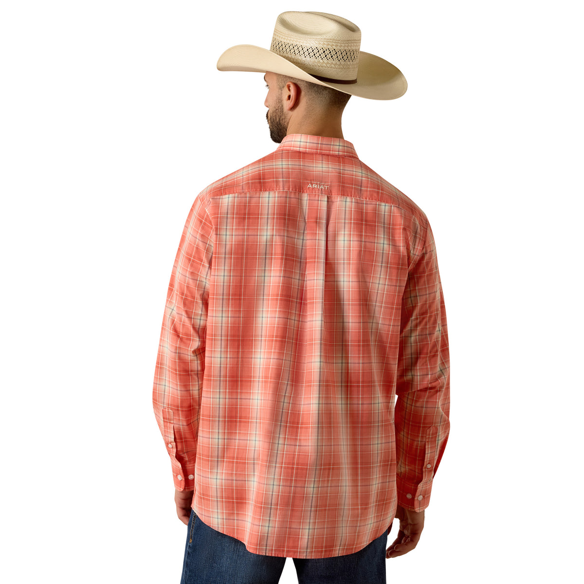 Ariat men's Pro Series Noble Classic Fit shirt in hot coral plaid with button-down collar and long sleeves.