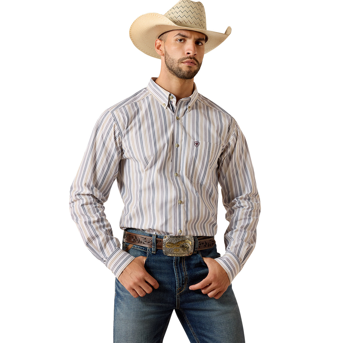 Ariat men's Pro Series Pryce fitted shirt with white and blue stripe pattern, casual button-up shirt for men.