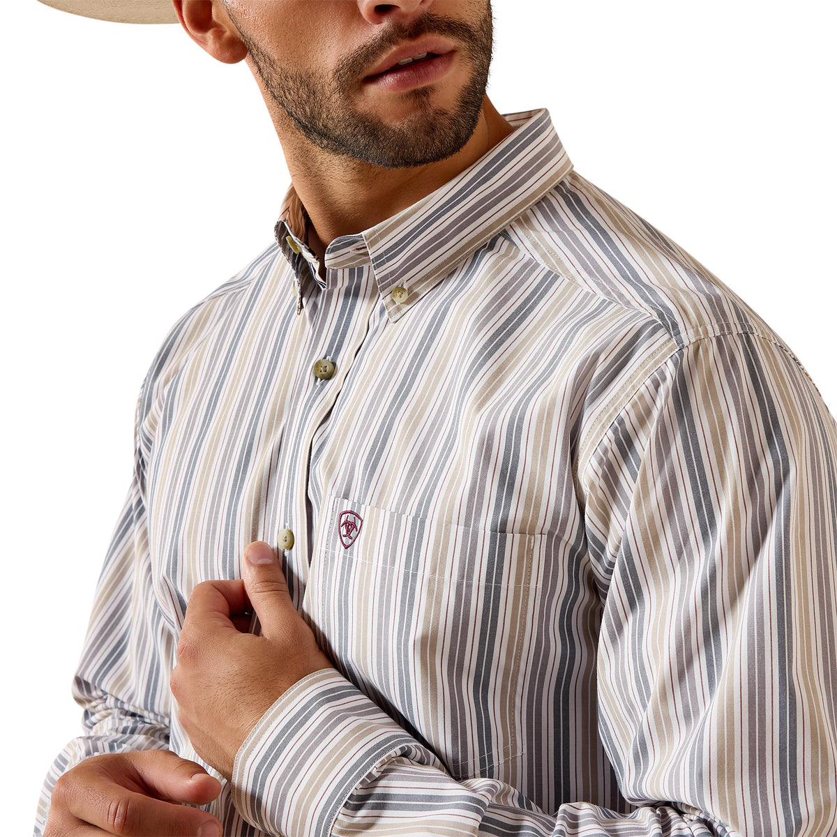 Ariat Men's Pro Series Pryce fitted shirt in white stripe with long sleeves and button-front, casual western-inspired style.