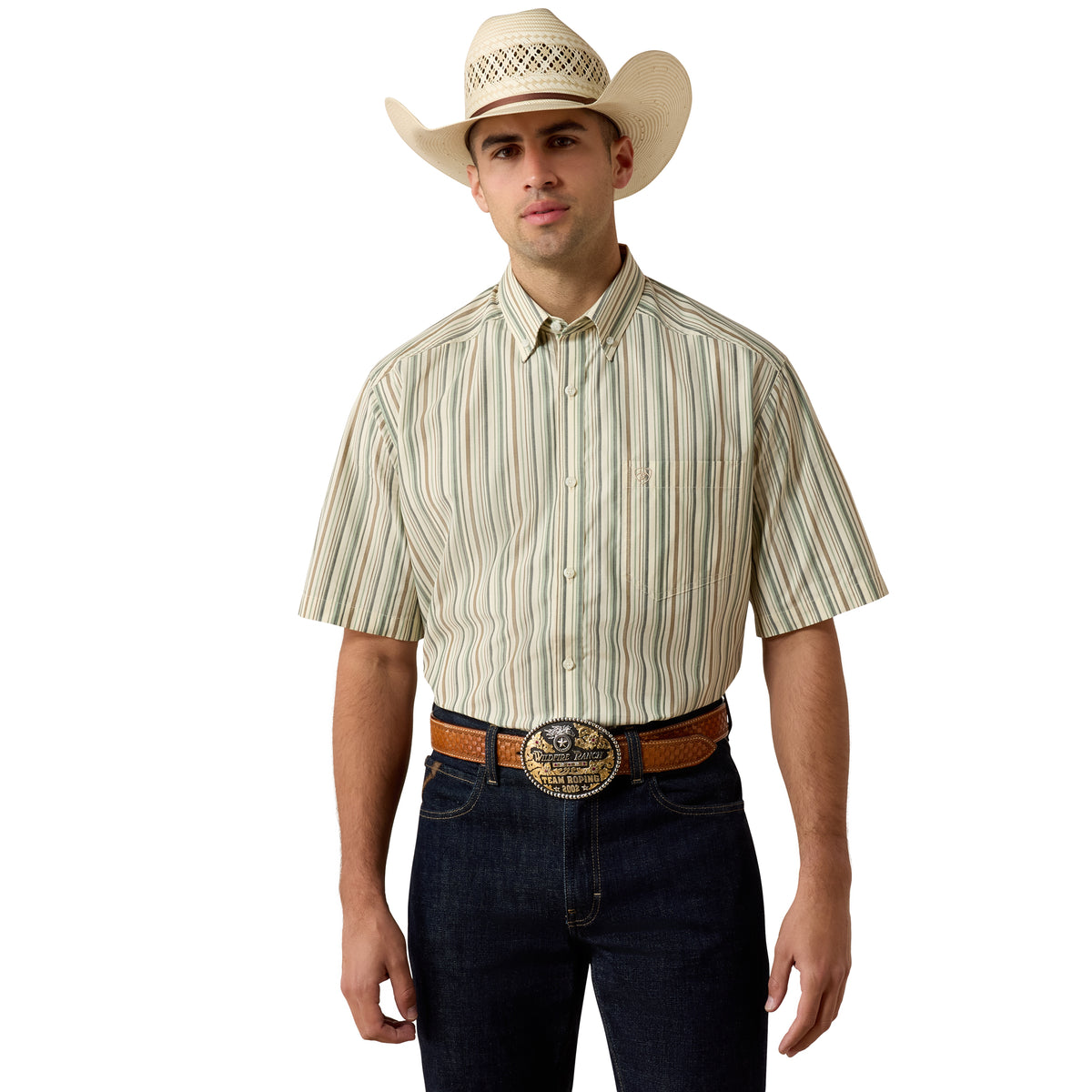 Ariat men's Pro Series Stevie classic fit shirt in white multi-stripe fabric, featuring a button-down collar and long sleeves.