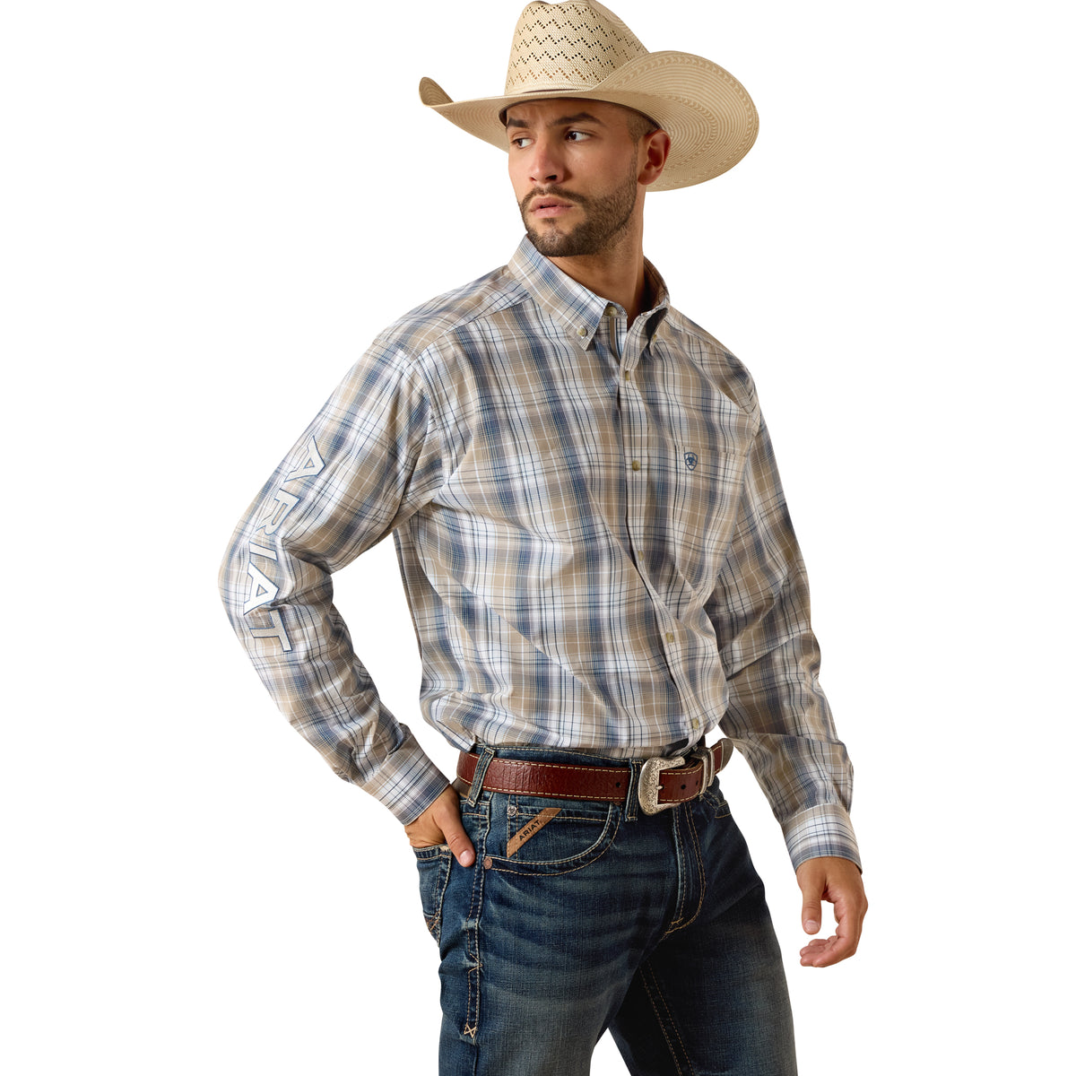 Ariat men's Pro Series Team Pierre classic fit shirt in khaki and white, featuring a button-down collar and chest pocket.