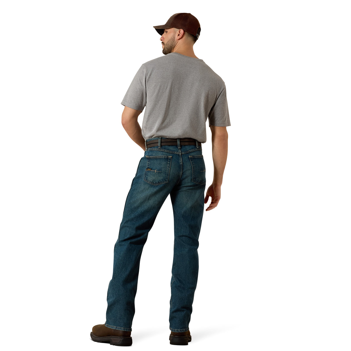 Ariat Men's Rebar M4 Relaxed DuraStretch Boot Cut Jeans in Carbine color, showcasing the durable denim fabric and classic fit.