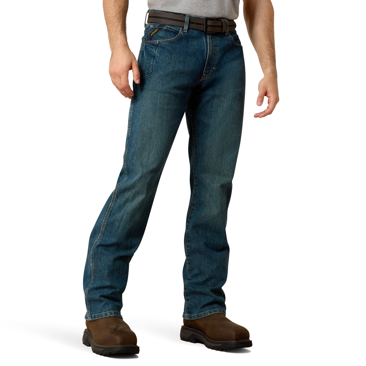 Ariat Men's Rebar M4 Relaxed DuraStretch Boot Cut Jean in Carbine, showing classic fit and durable denim fabric.