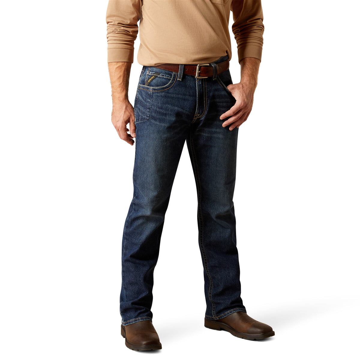 Ariat Men's Rebar M4 Relaxed Rail DuraStretch boot cut jeans in blue denim, displayed on a hanger against a plain background.