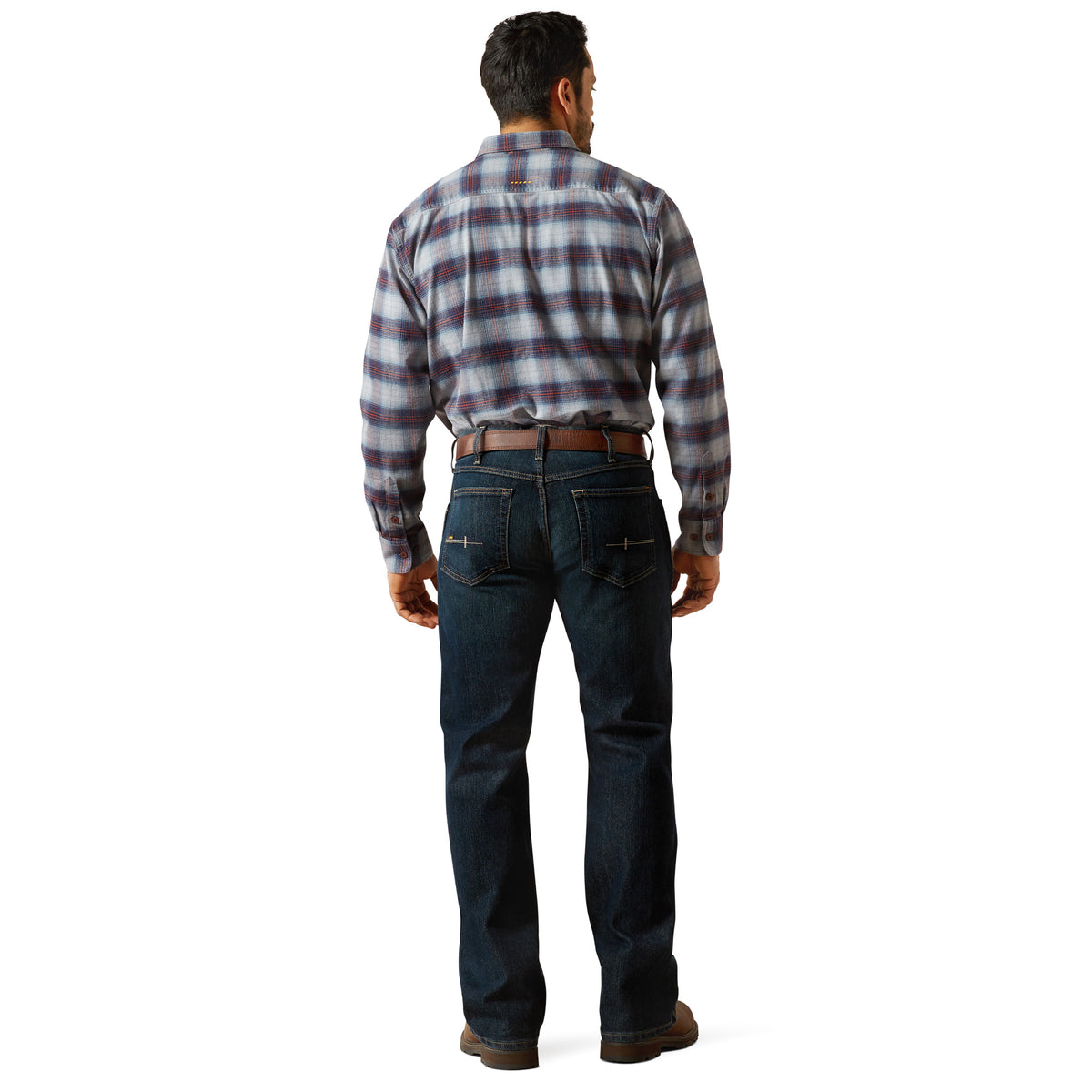 Ariat Men's Rebar M5 Straight DuraStretch Edge Stackable Jeans in blackstone, showing the fit and fabric texture.