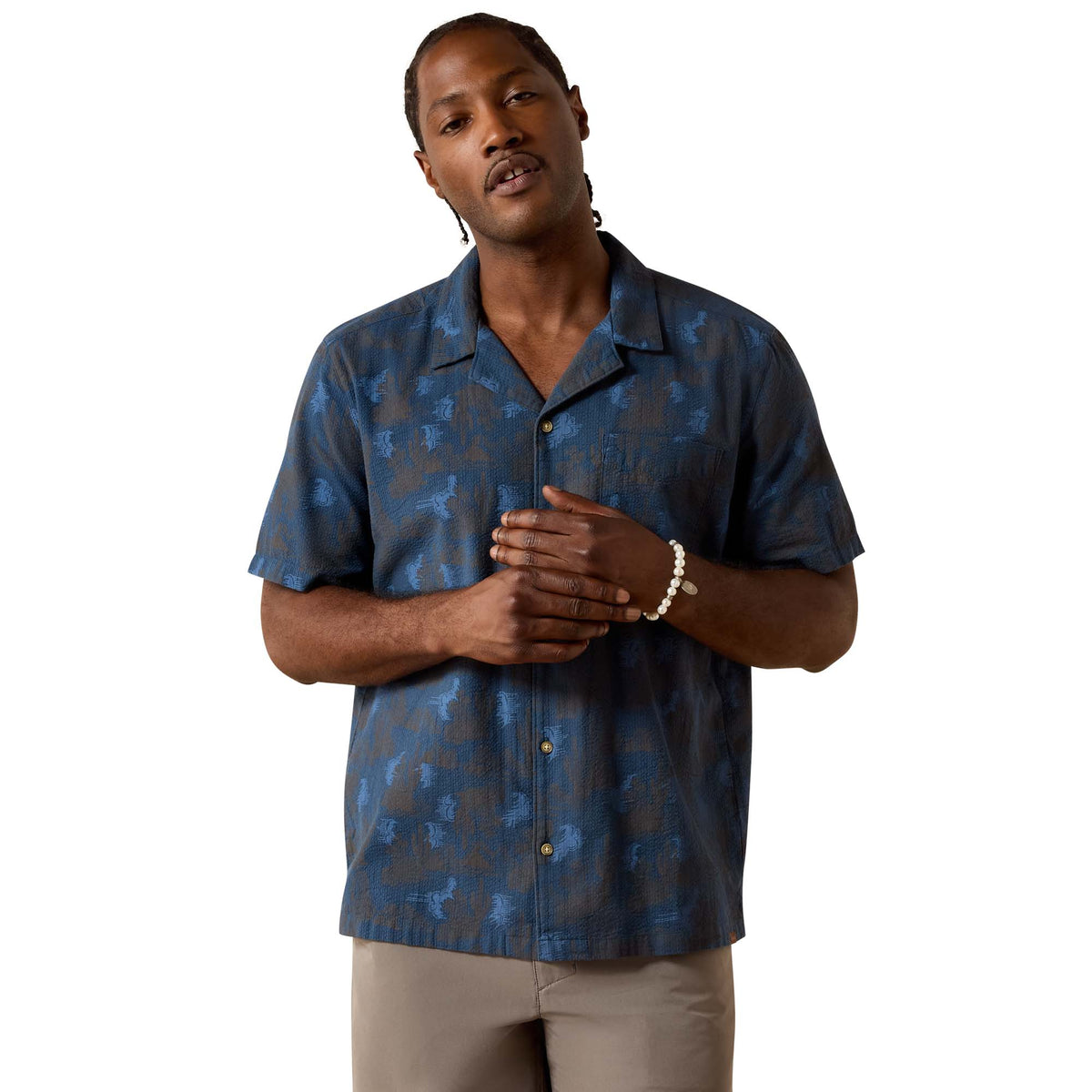 Ariat men's Retro Camp classic fit shirt in dark denim blue, casual button-up shirt with a relaxed style and chest pockets.