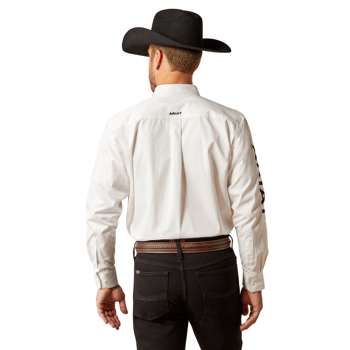 Ariat men's white and black twill classic fit shirt featuring the Ariat logo on the chest, casual button-up design.