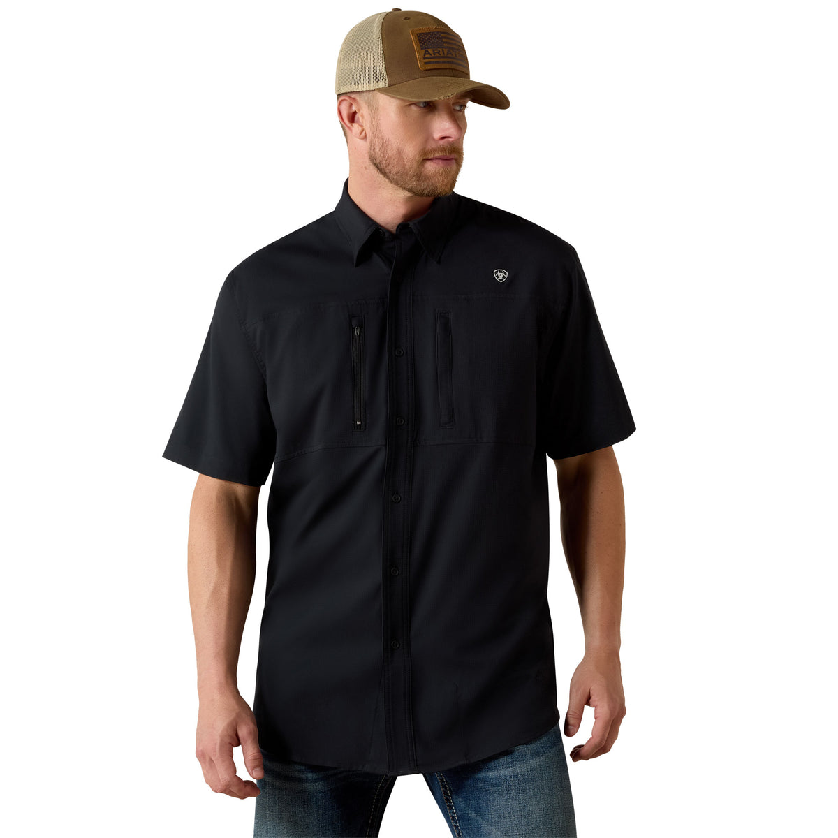 Ariat Men's VentTEK Classic Fit shirt in black, made of lightweight fabric with a collar and button-front design.