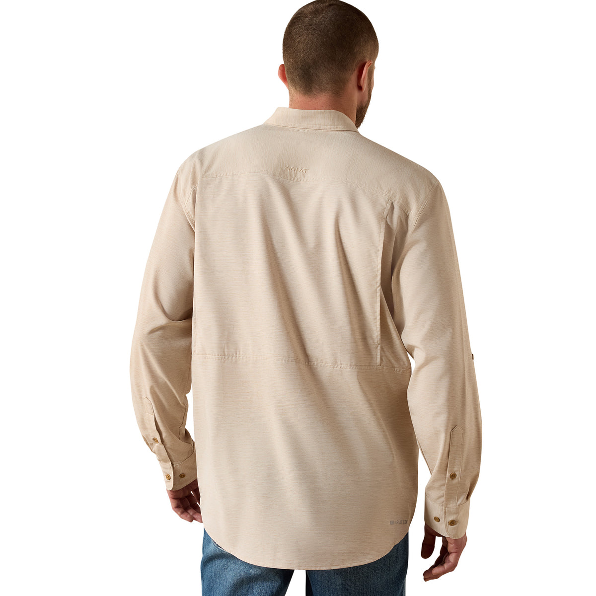 Ariat men's VentTEK Outbound classic fit shirt in tan heather, lightweight casual shirt with collar and button closure.