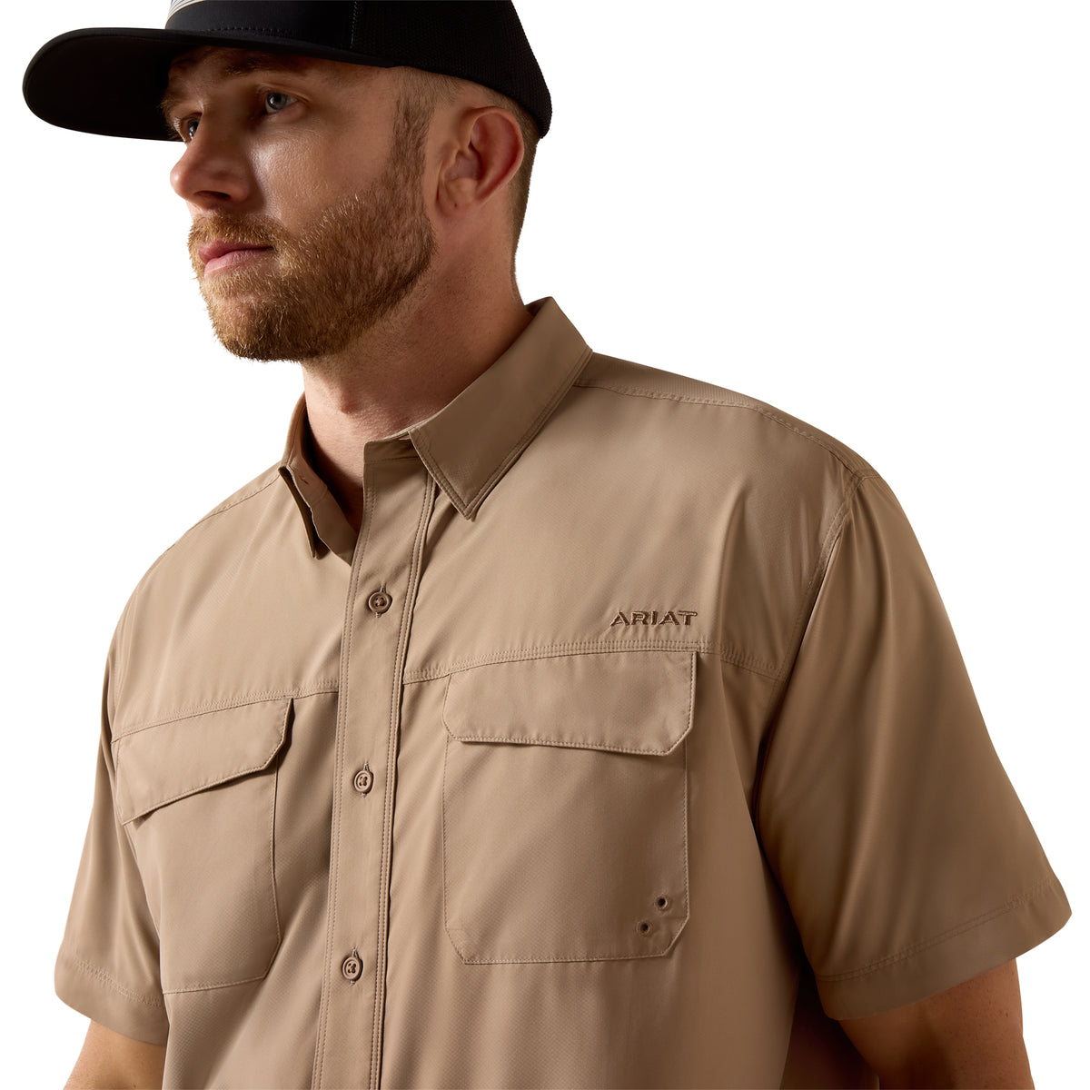 Ariat men's VentTEK Outbound classic fit shirt in taupe grey, casual button-up shirt with a collar and long sleeves.