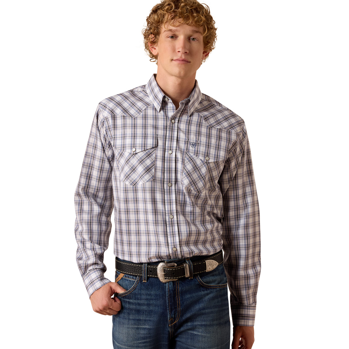 Ariat men's wrinkle-free Dash fitted snap shirt in blue multi plaid, featuring a button-down front and classic collar.