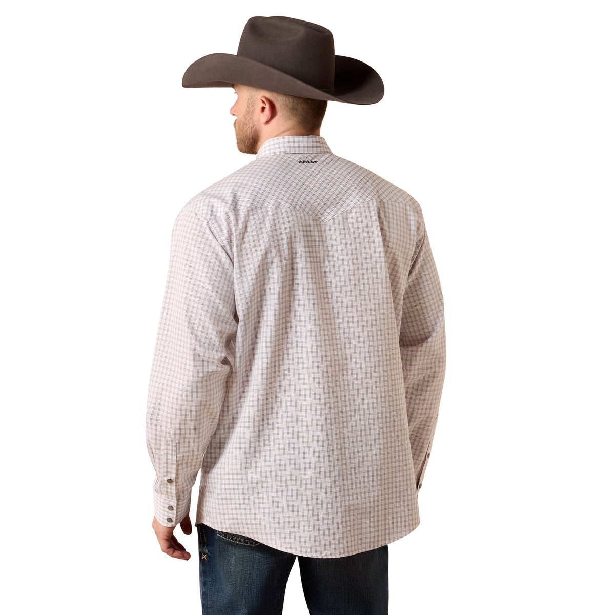 Ariat men's wrinkle-free Draco classic fit snap shirt in white multi plaid, featuring a collared design and button front.