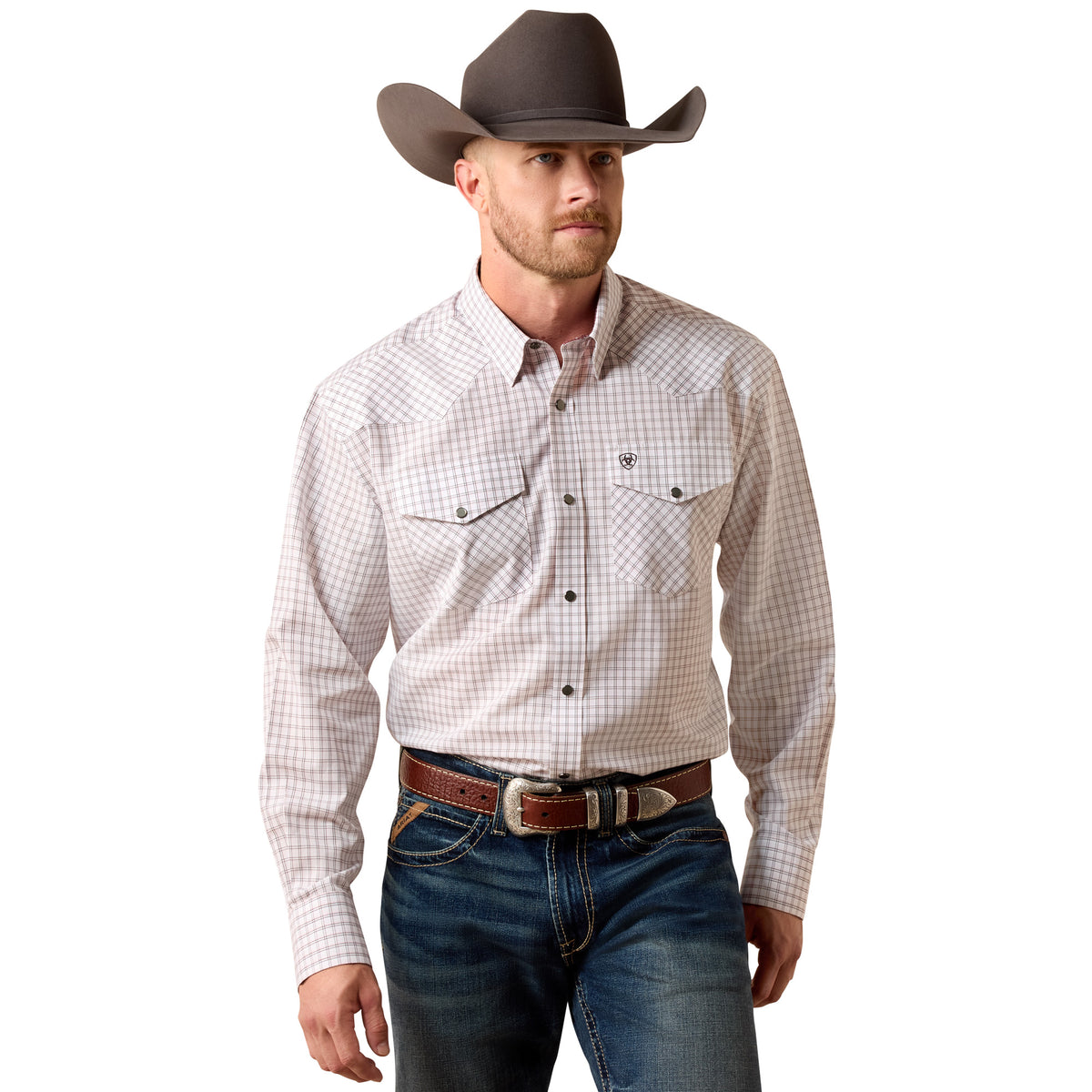 Ariat men's white multi plaid wrinkle-free Draco classic fit snap shirt displayed on a hanger.