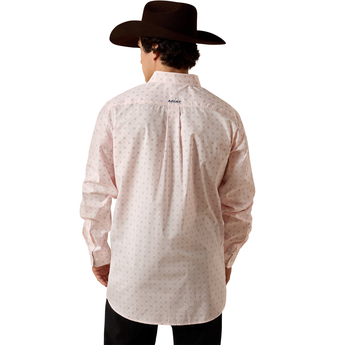 Ariat men's wrinkle-free Wally fitted shirt in barely pink with a geometric print, showcasing the stylish, tailored design.