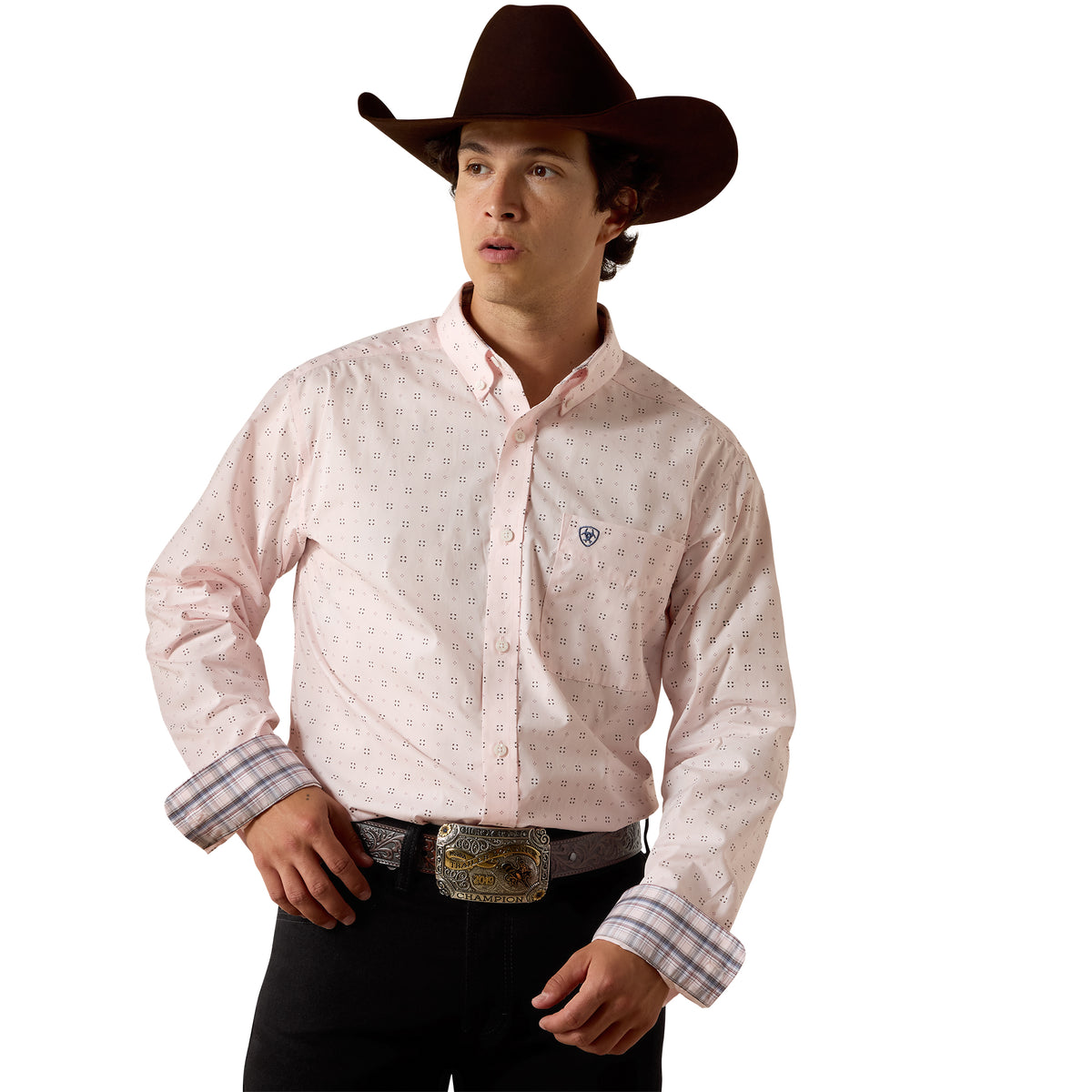 Ariat men's wrinkle-free Wally fitted shirt in barely pink with a geometric print, stylish casual shirt for men.