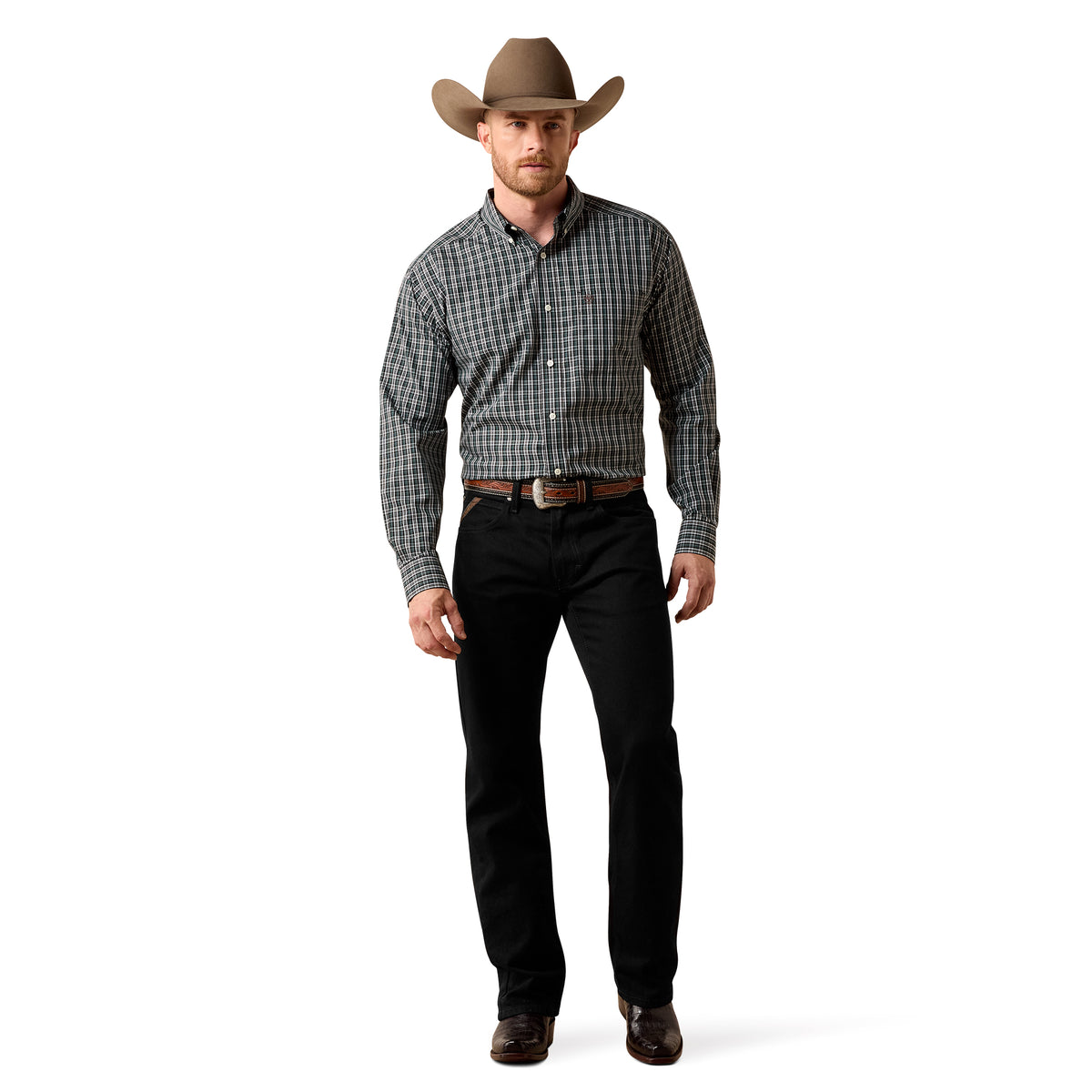 Ariat men's wrinkle-free Whitford classic fit shirt in black plaid fabric, featuring a button-down collar and long sleeves.