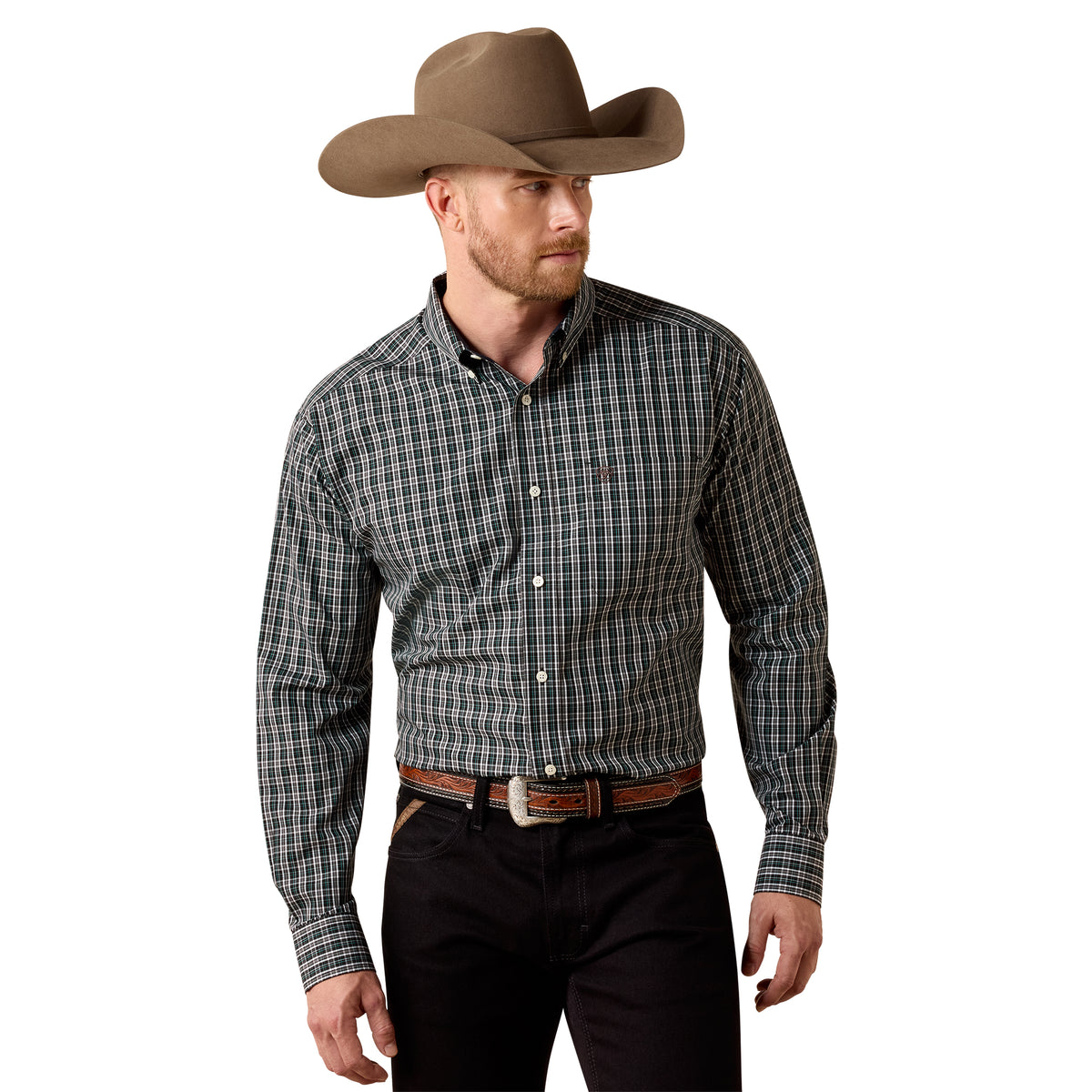 Ariat men's wrinkle-free Whitford classic fit shirt in black plaid fabric, with a button-up front and collar.