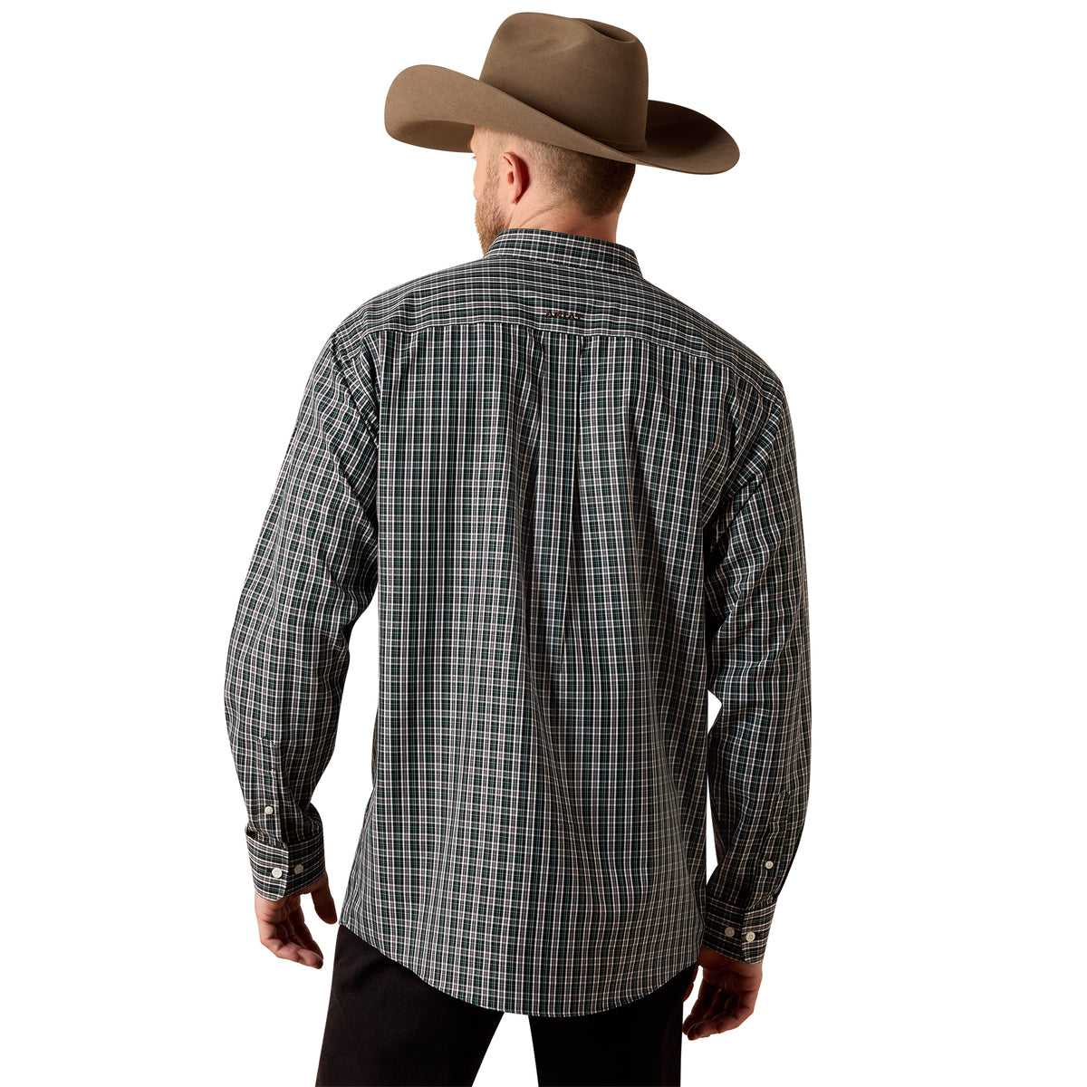 Ariat men's wrinkle-free Whitford classic fit shirt in black plaid, shown laid flat with collar and button details.