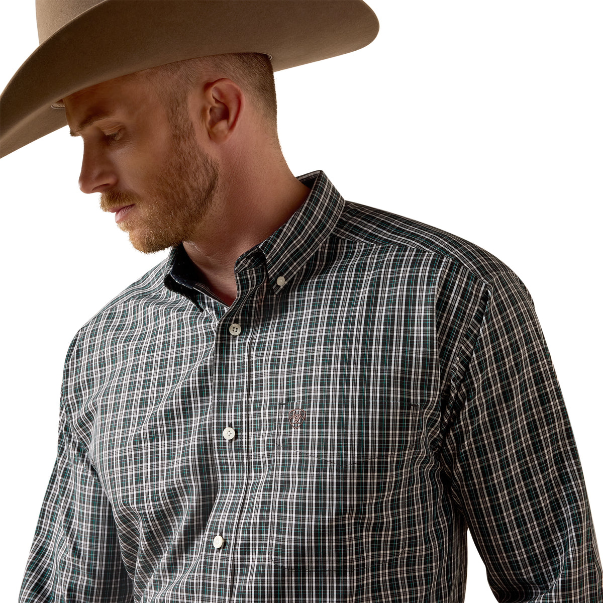 Ariat men's wrinkle-free Whitford classic fit black plaid shirt, casual long-sleeve button-up with collar and chest pocket.