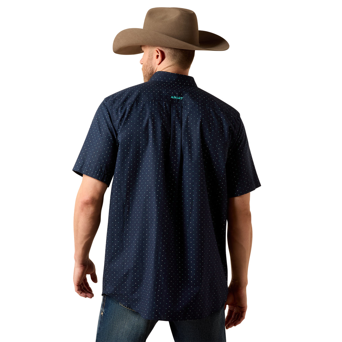 Ariat men's wrinkle-free Willem classic fit shirt in black with a mini leaf print, showcasing a casual button-up design.