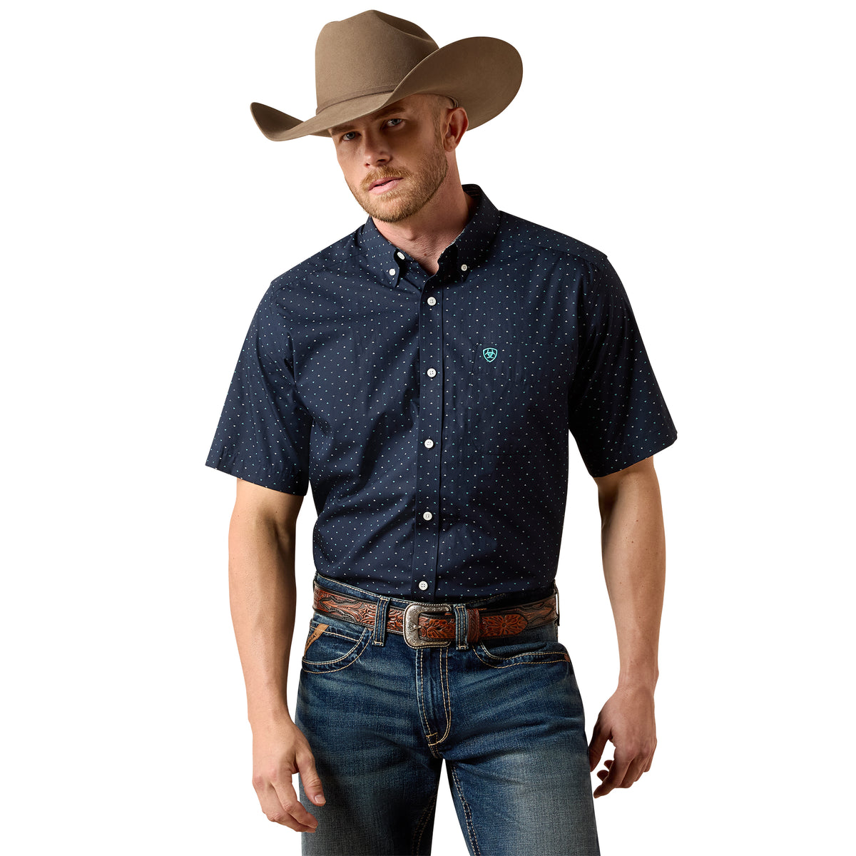 Ariat men's wrinkle-free Willem classic fit shirt in black with mini leaf print, casual long-sleeve shirt for men.