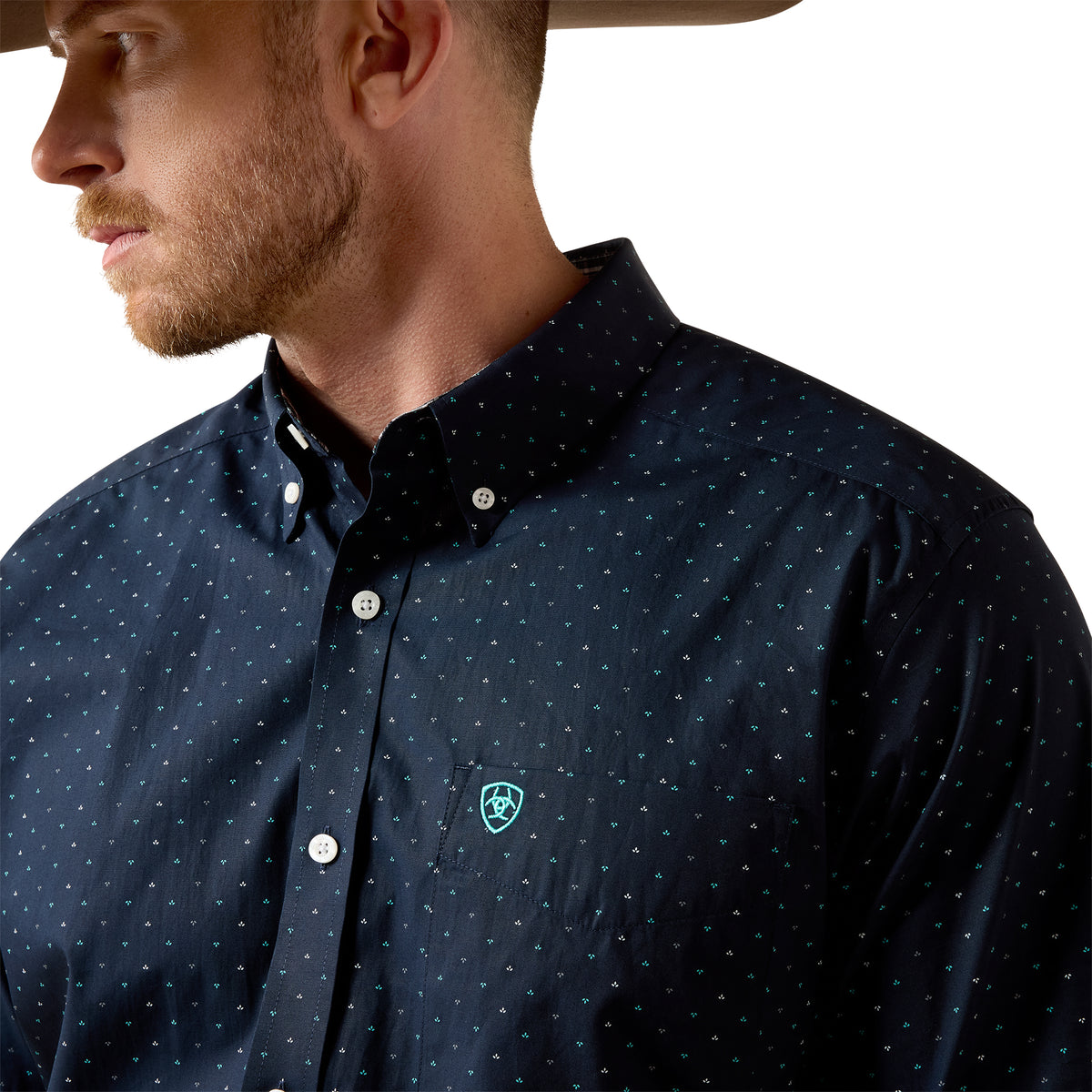 Ariat men's wrinkle-free Willem classic fit shirt in black with mini leaf print, casual button-up style.